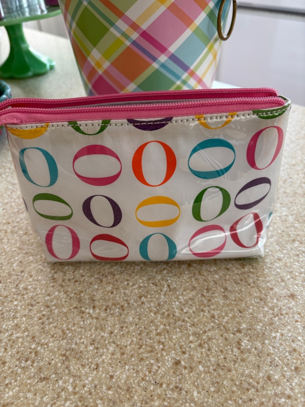 Oprah Multicolor Print Cosmetic Pouch with Pink Zipper